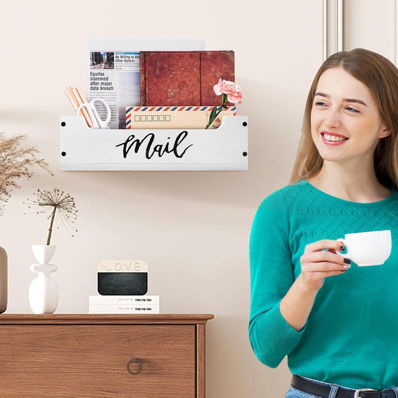 KISENG White Wooden Mail Organizer Countertop - Mail Organizer Wall Mounted, Office Mail Holder, Desktop Mail Basket for Counter, Letter Holder Box for Home Office Decor (White + Black, 3.15") - Image 3